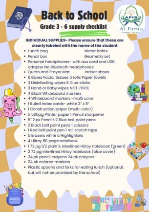 Grade 3 - Grade 6 school supplies list - Al Faruq Islamic School Edmonton Southwest, Alberta accredited K-9 education
