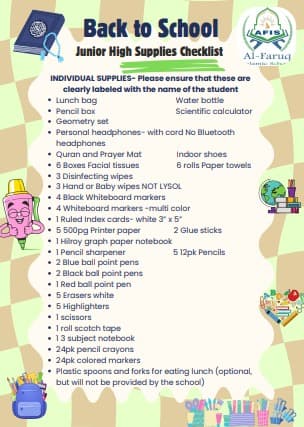 Junior High school supplies list - Al Faruq Islamic School Edmonton Southwest, Alberta accredited K-9 education