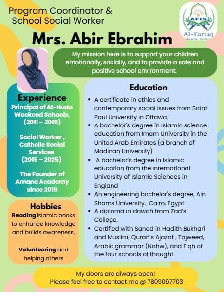 Mrs. Abir Ebrahim - Teacher at Al Faruq Islamic School Edmonton, Alberta accredited K-9 education