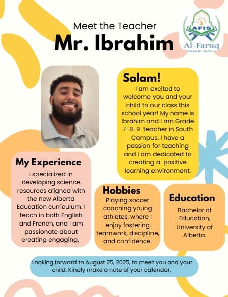Mr. Ibrahim - Teacher at Al Faruq Islamic School Edmonton, Alberta accredited K-9 education