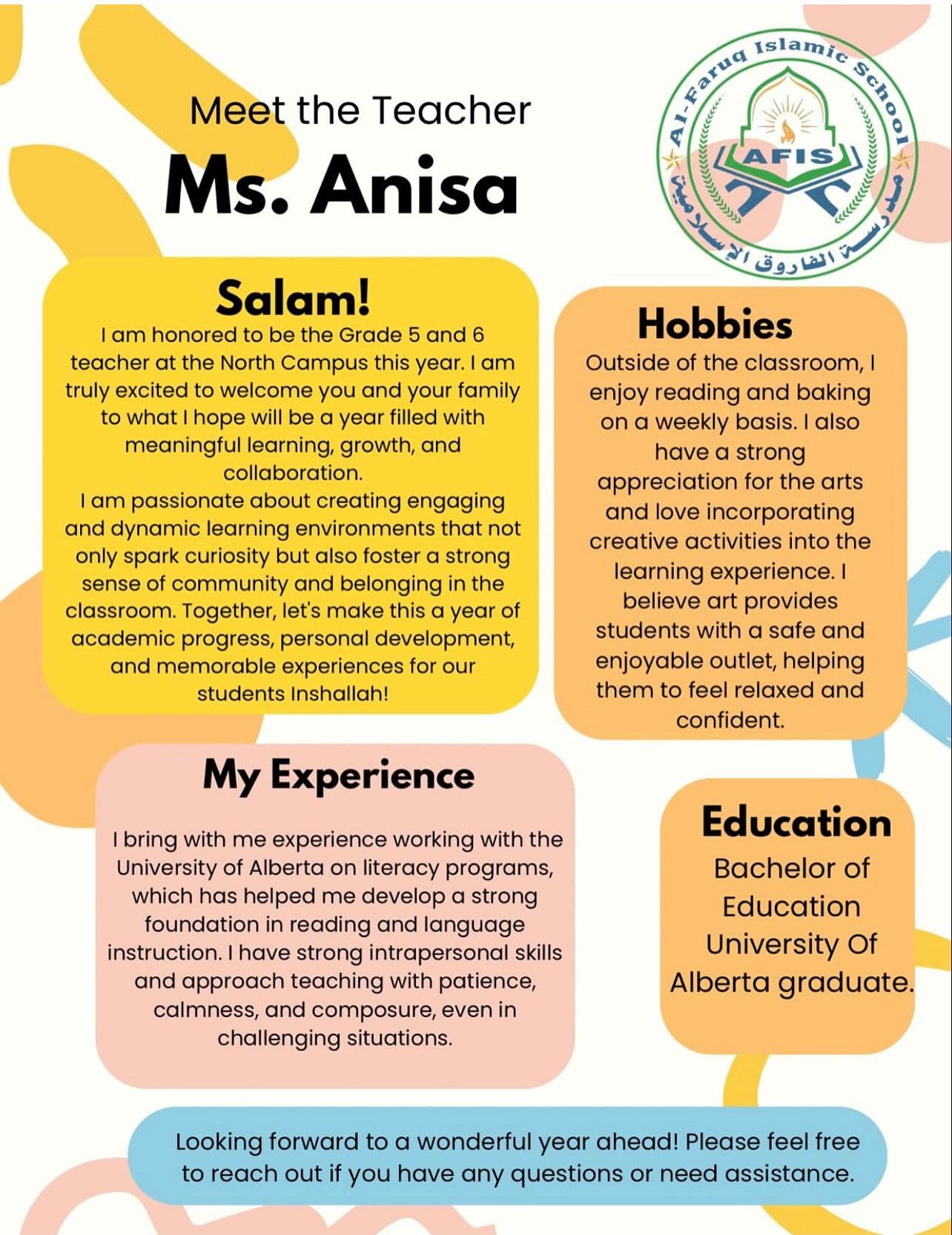 Ms. Anisa - Teacher at Al Faruq Islamic School Edmonton, Alberta accredited K-9 education