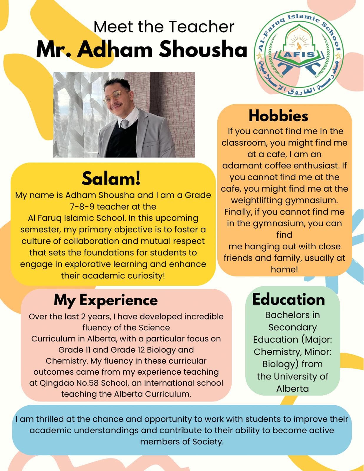 Mr. Adham Shousha - Teacher at Al Faruq Islamic School Edmonton, Alberta accredited K-9 education